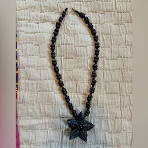 Black Beaded Necklace with Floral Pendant